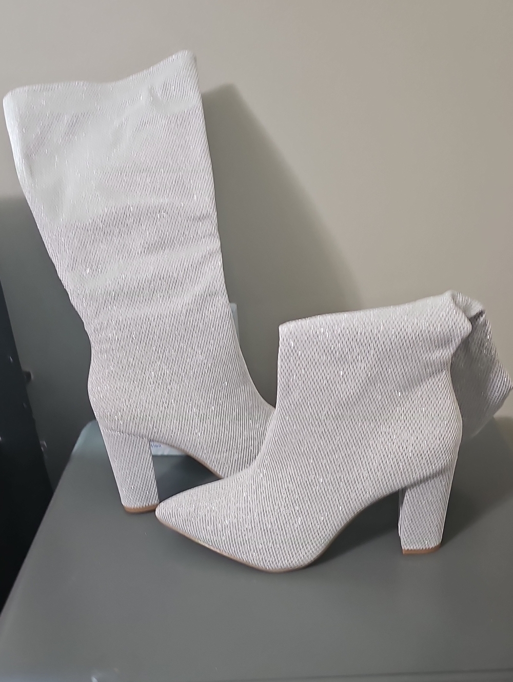 Sparkle Stretch-Knit White High Heel Ankle & Mid-Calf Boots